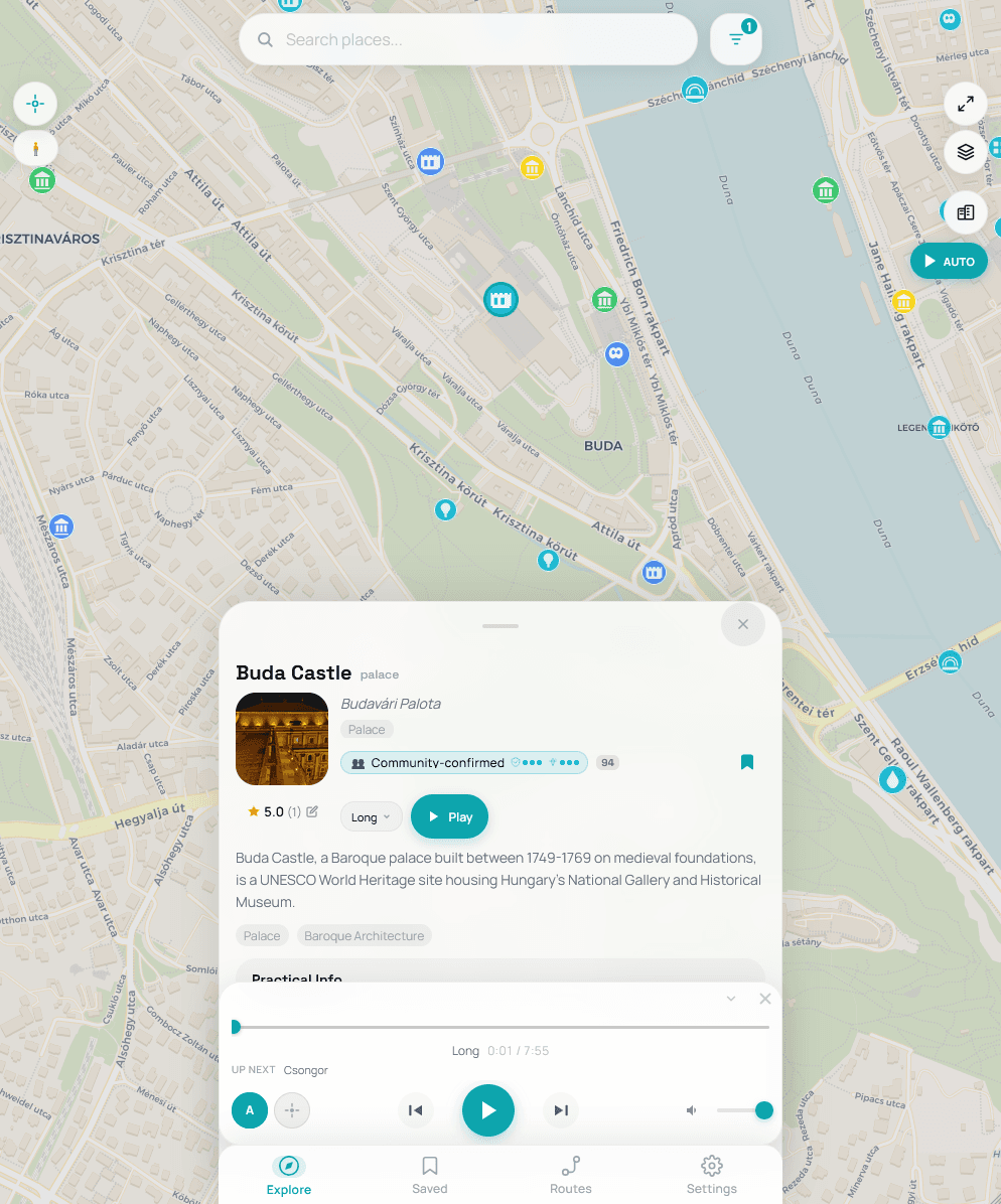 WayWhisper light mode — Buda Castle on map