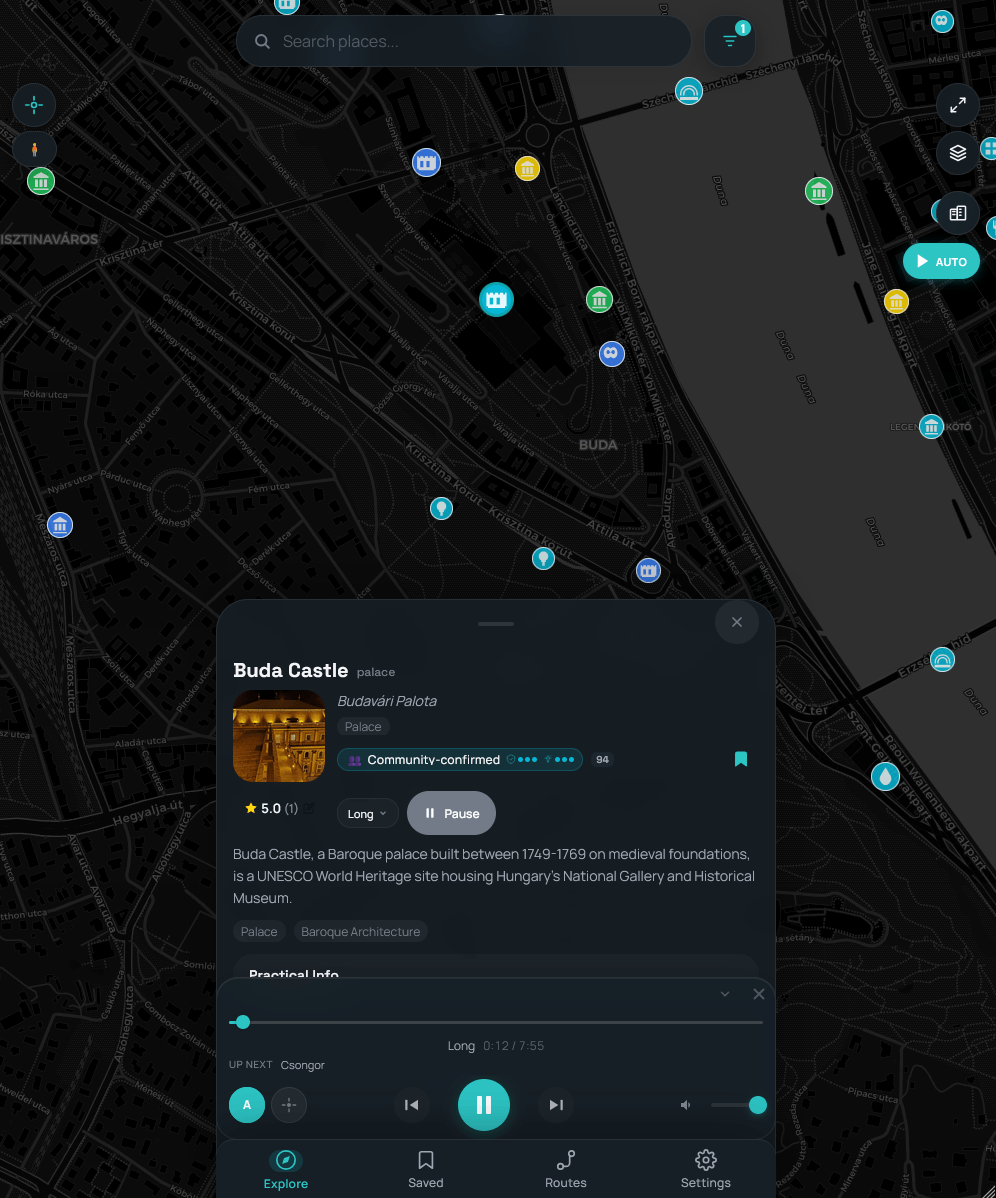 WayWhisper map view in dark theme, optimized for night walks