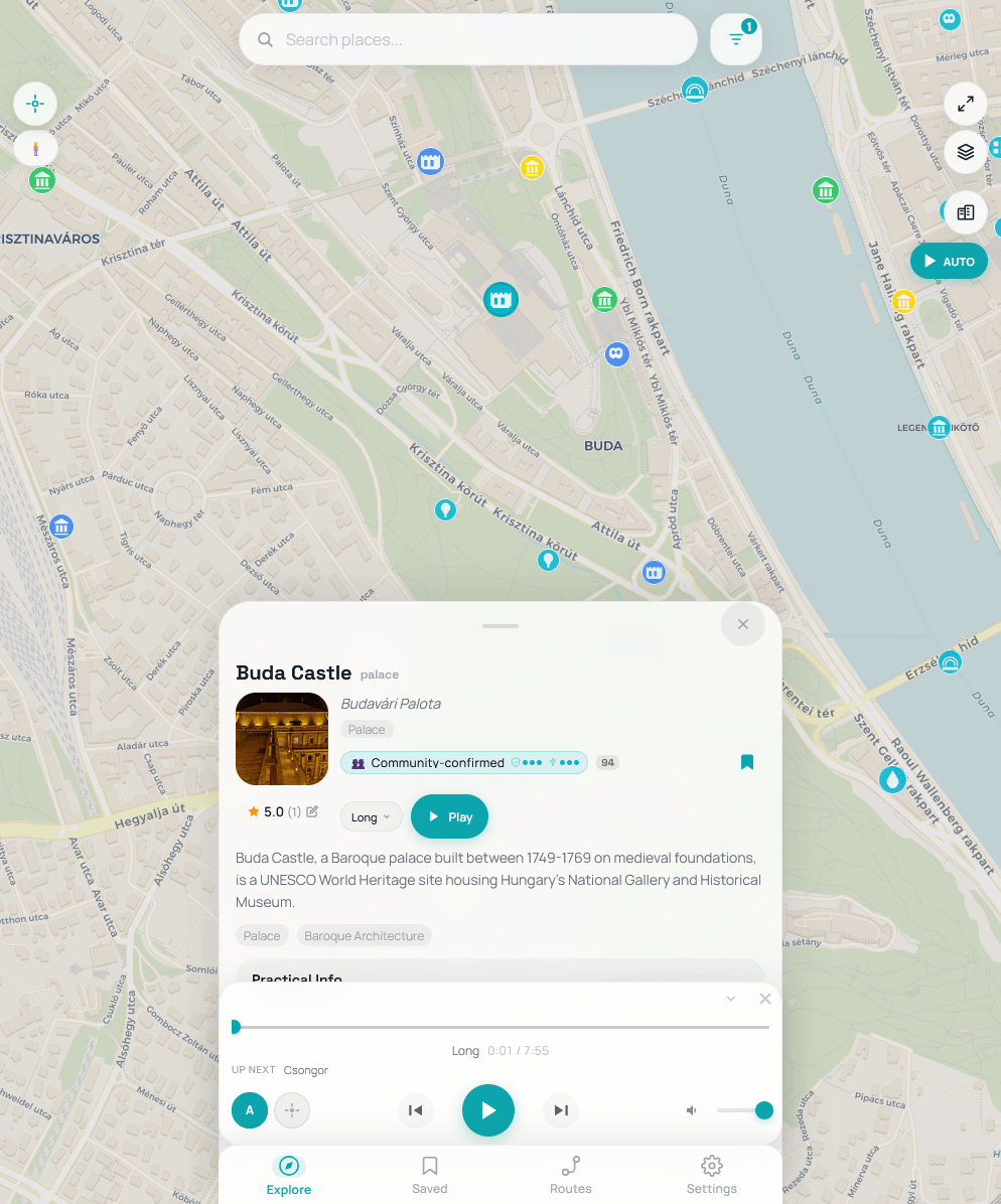 WayWhisper map view in light theme, showing story pins across a city