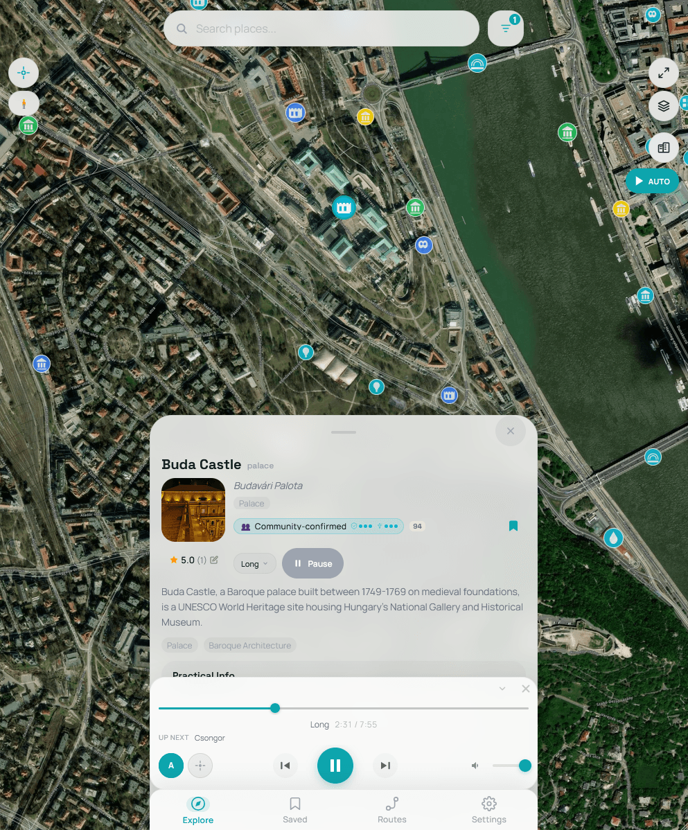 WayWhisper satellite map with audio narration dock playing